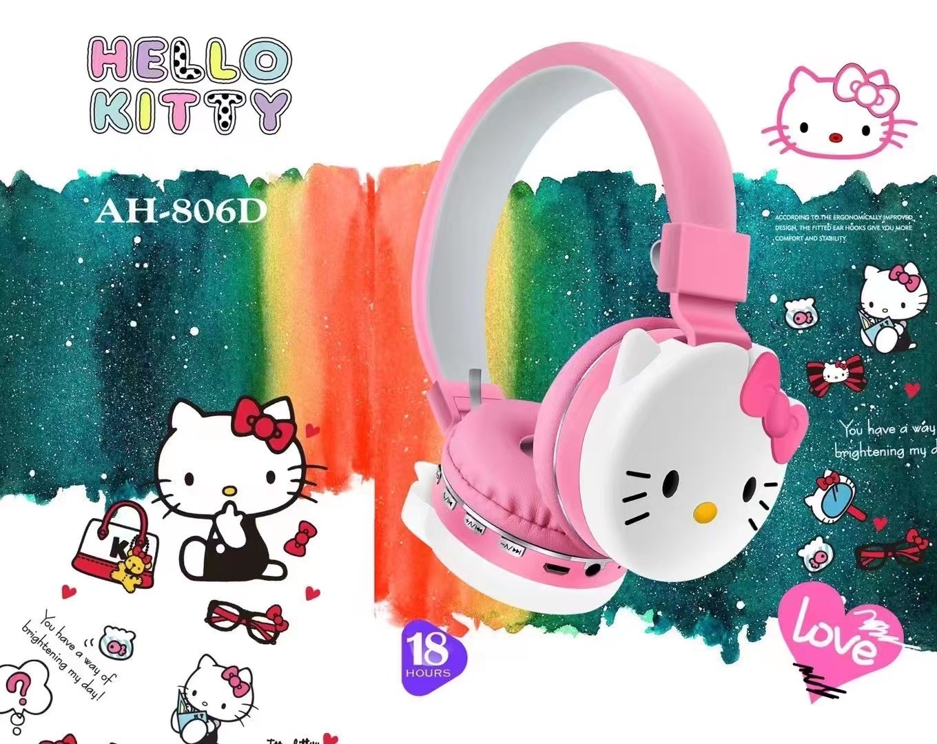 Tai Nghe Không dây Floveme Hello Kitty AH806d ,Tai Nghe Bluetooth Hoạt Hình Điện Thoại Di Động Máy Tính Âm Nhạc Stereo-Hàng chính hãng