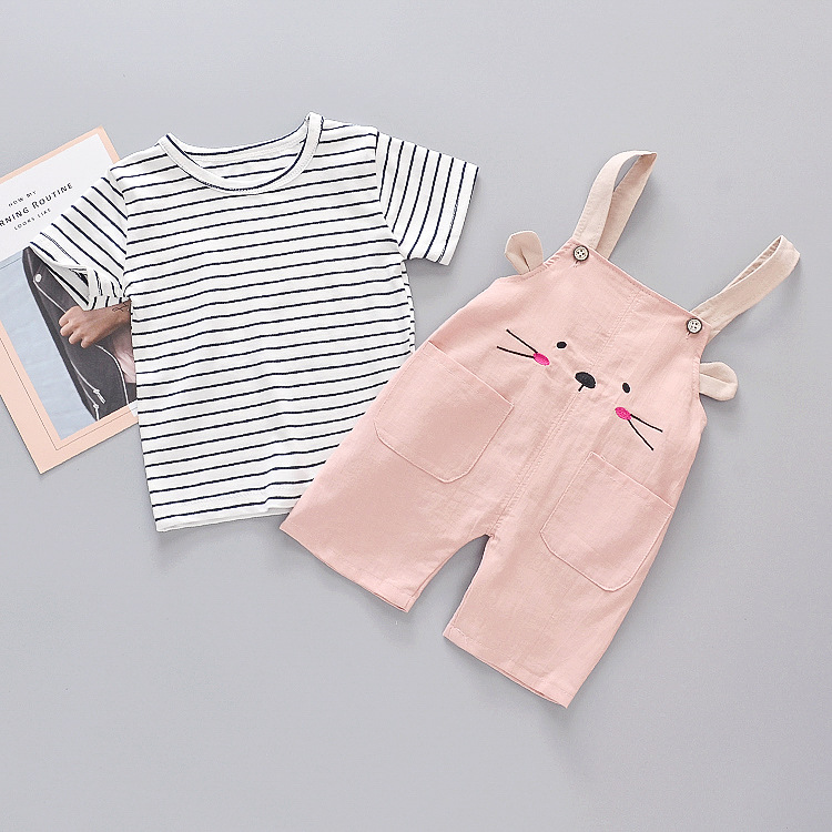 Set yếm bé trai, bé gái gồm áo thun kẻ sọc và yếm, set đồ 2 món thời trang cho bé từ 9-18kg (SSP-581G)