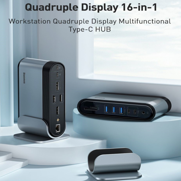 Hub chuyển đổi đa năng 16 trong 1 thương hiệu Baseus CAHUB-BG0G  (Type C*4 / HDMI / VGA / RJ-45 Gigabit / SD,TF Card / USB3.0*3/ USB2.0*2/ Audio AUX 3.5mm/ DC 12V) - Hàng Nhập Khẩu