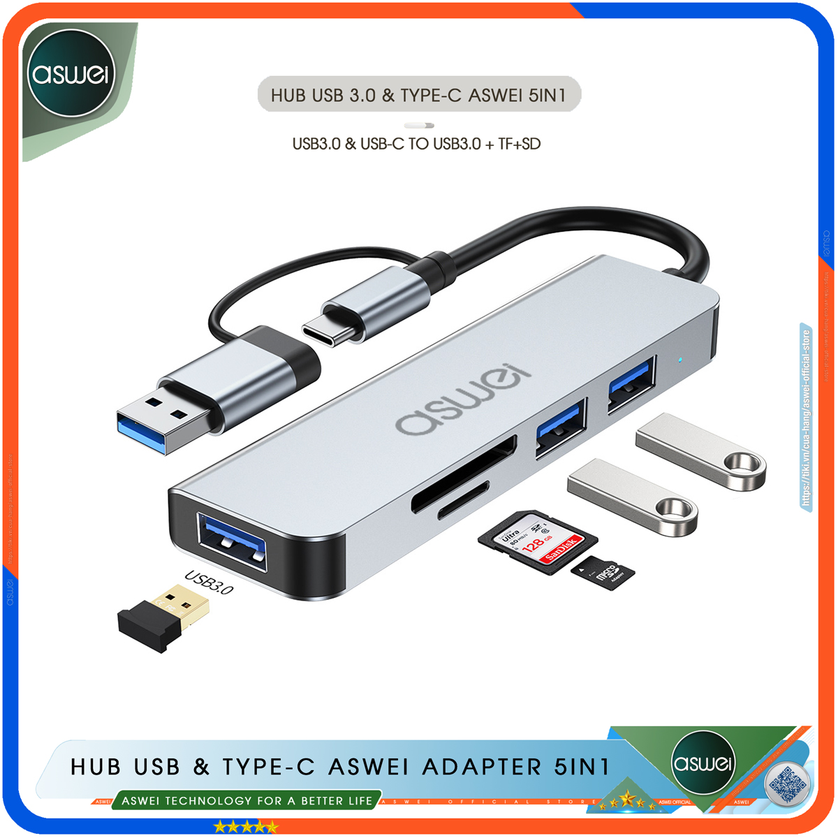 Hub Type C Và Hub USB 3.0 ASWEI Adapter 5in1 - Cổng Chia USB Mở Rộng Kết Nối Tốc Độ Cao Dành Cho Macbook, Laptop, PC - Hub Chuyển Đổi USB Type-C Hỗ Trợ Sạc Pin, Kết Nối Đa Năng ổ Cứng, Bàn Phím, Chuột, Máy In, Ổ Chia USB - Hàng Chính Hãng