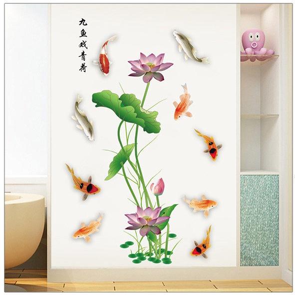 Decal trang trí dán tường - SEN HỒNG CHỮ HOA CÙNG ĐÀN CÁ PHÚ QUÝ