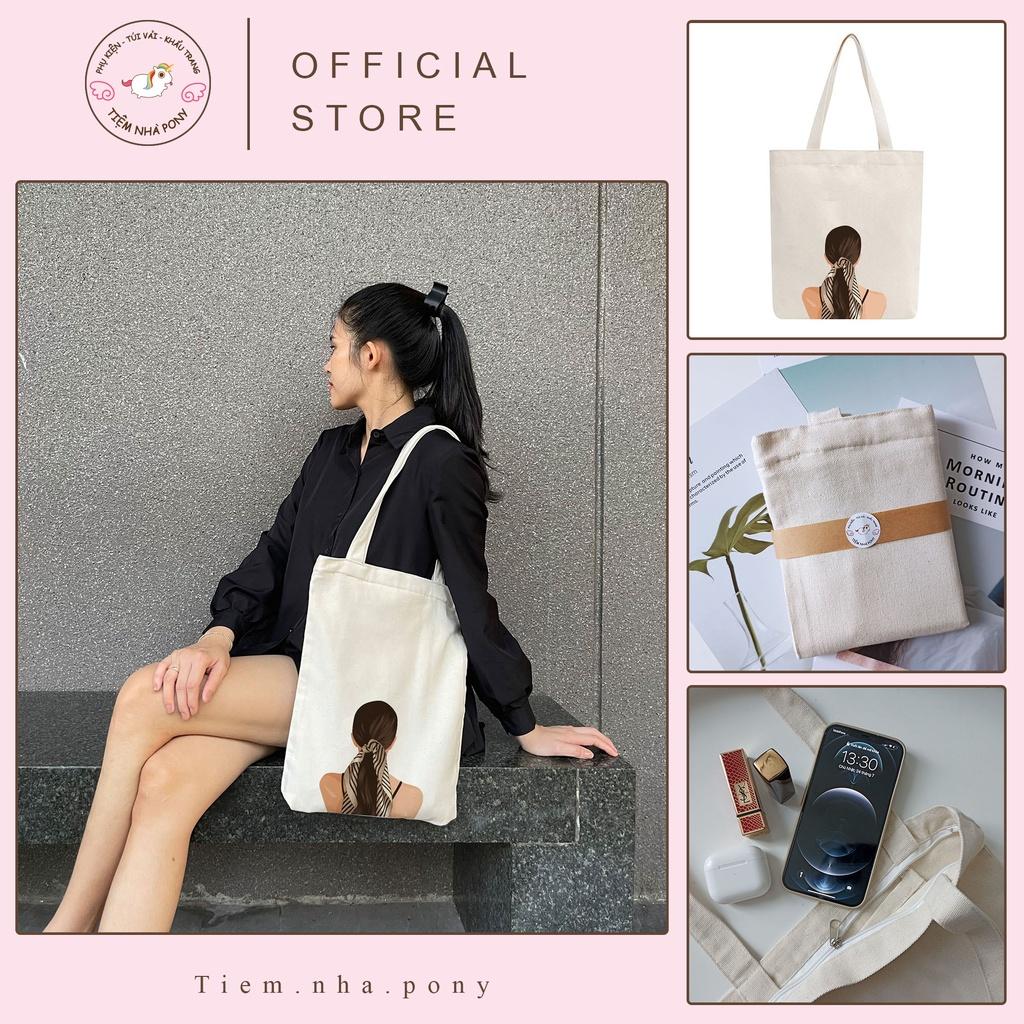 Túi tote vải mộc Tiệm nhà Pony dây kéo in hình Minimalist PM87