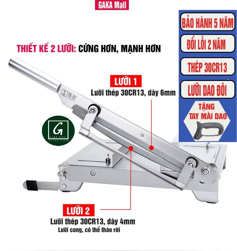 Dao Chặt Thịt Gà, Thái Thịt Bò Đông Lạnh, Cắt Chân Giò, Thái Thuốc Bắc KD0288, 2 Lưỡi Thép 30CR13, Inox 430 - Tặng Tay Mài KD0315