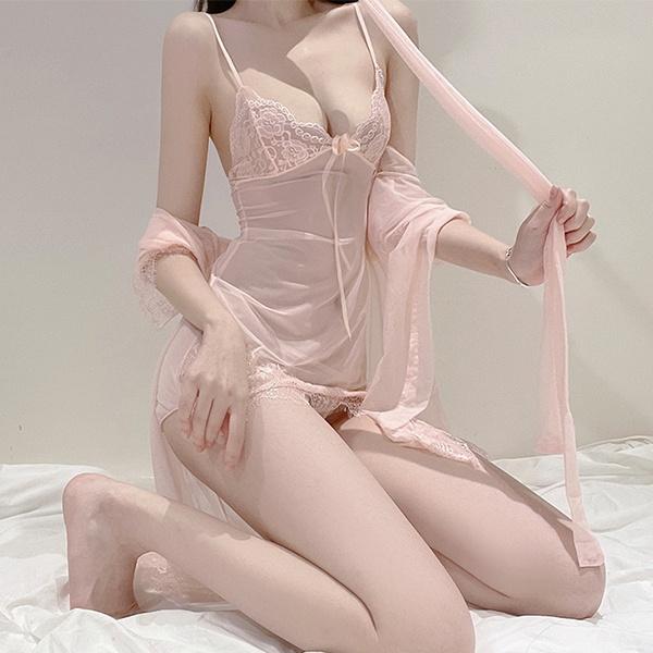 Đầm ngủ 2 dây xuyên thấu kèm áo choàng gợi cảm cao cấp váy ngủ sexy nơ phối ren ngực quyến rũ BIKI HOUSE N115
