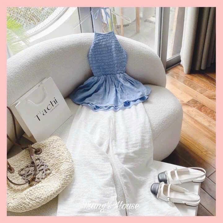 SET ĐI BIỂN, SET 2 MÓN ÁO YẾM HỞ LƯNG BOCHUN PHỐI QUẦN SUÔNG ỐNG RỘNG CỰC HOT