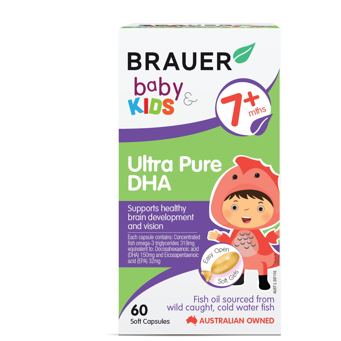 bổ sung DHA Brauer cho trẻ trên 7 tháng tuổi (60 viên) Brauer baby kids Ultra Pure DHA.