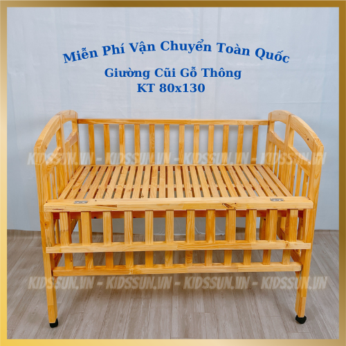 Nôi Cũi Gỗ Cho Bé Chất Liệu Gỗ Thông Kích Thước [130x80x96cm] Màu Tự Nhiên Chịu Tải Lên Tới 60kg Tặng Kèm Bánh Xe