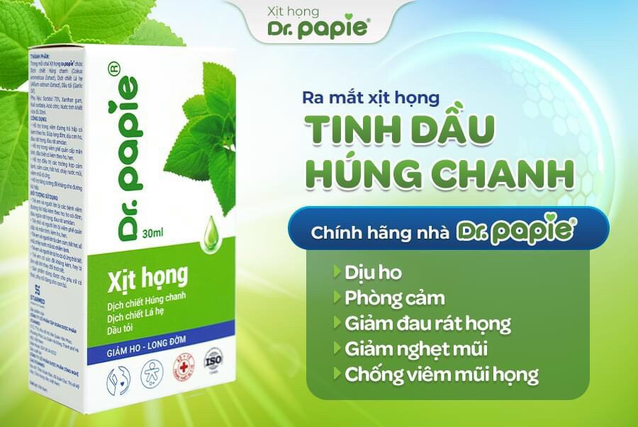 Xịt họng Dr.Papie 30ml hỗ trợ trong viêm đường hô hấp có kèm theo ho, giúp long đờm, dịu cơn ho, đau rát họng, đau rát amidan.