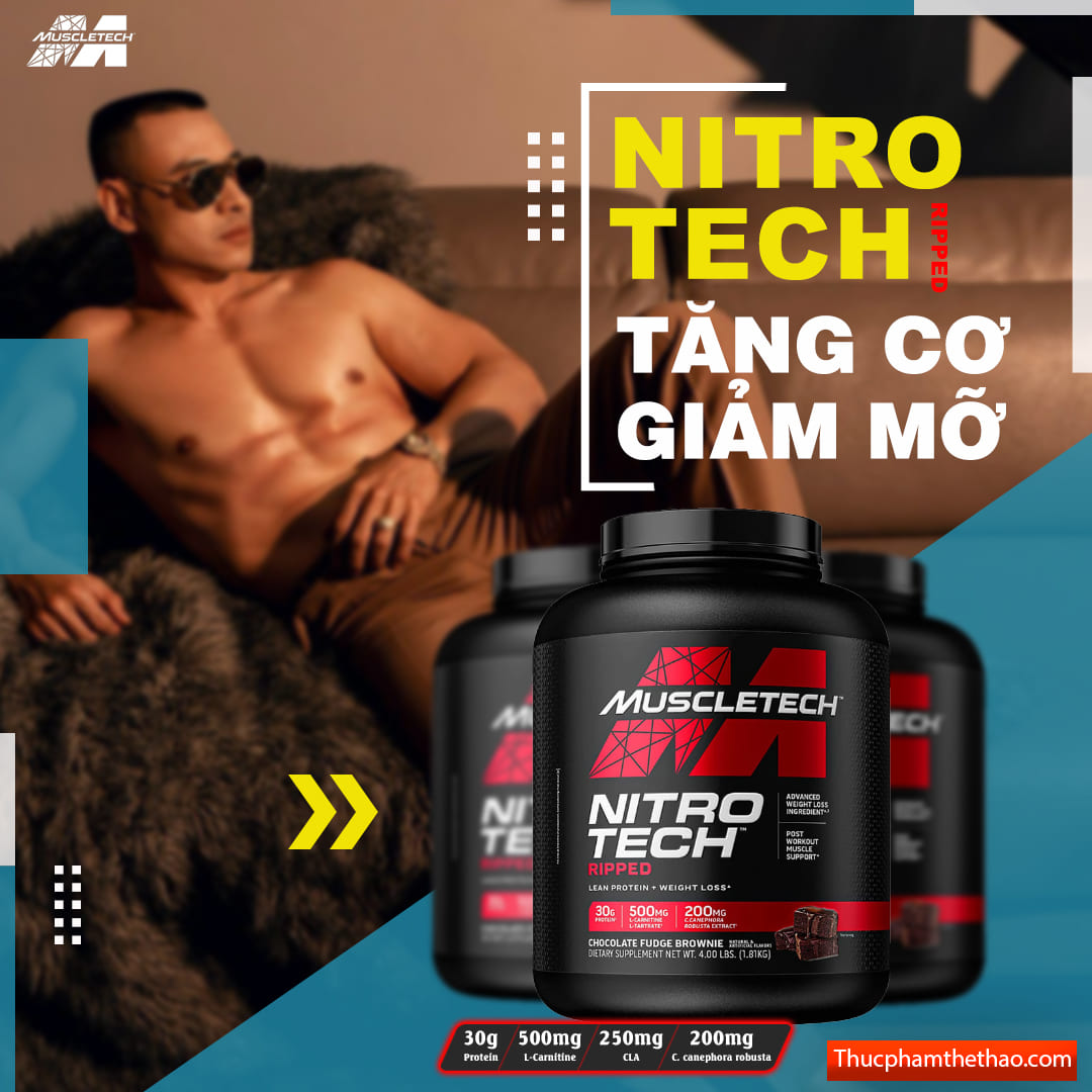 Sữa tăng cơ, giảm mỡ Muscletech Nitro Tech Ripped - Hộp 4lbs (1.8g) – Hỗ trợ phục hồi, phát triển cơ bắp, giảm mỡ thừa cho người tập thể hình và thể thao - Hàng chính hãng Muscletech USA - Mùi Chocolate - Kèm Quà Tặng