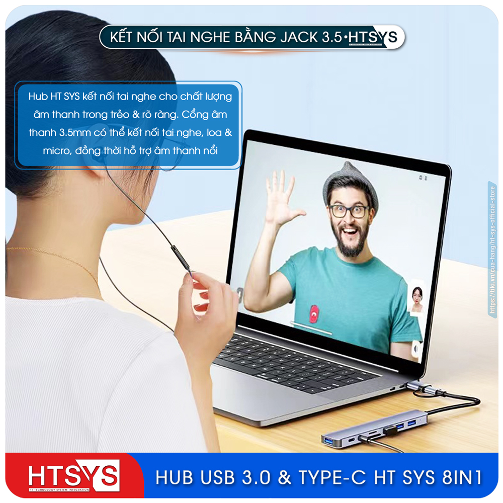Hub Type C Và Hub USB HT SYS 8 in 1 To USB 3.0, SD, TF, USB C, Audio 3.5 - Hàng Chính Hãng