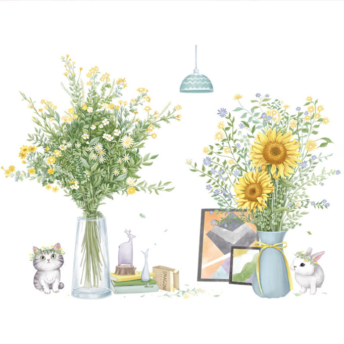 Decal trang trí tường - Bình hoa cỏ dại và hoa hướng dương