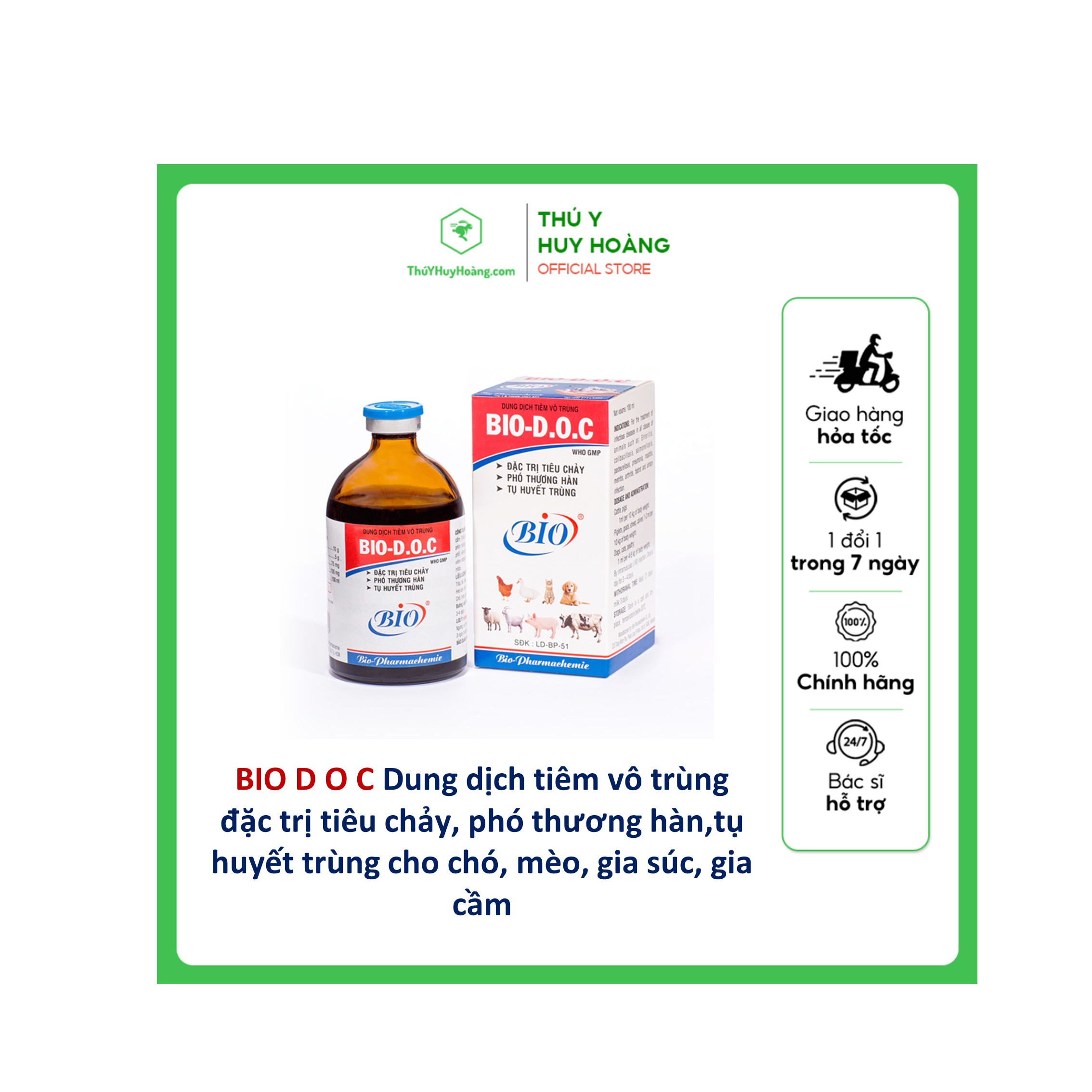 Dung dịch tiêm vô trùng BIO D.O.C t.rị nhiễm trùng hô hấp, tiêu hoá, niệu sinh dục đặc biệt hiệu quả với các trường hợp sốt bỏ ăn không rõ nguyên nhân