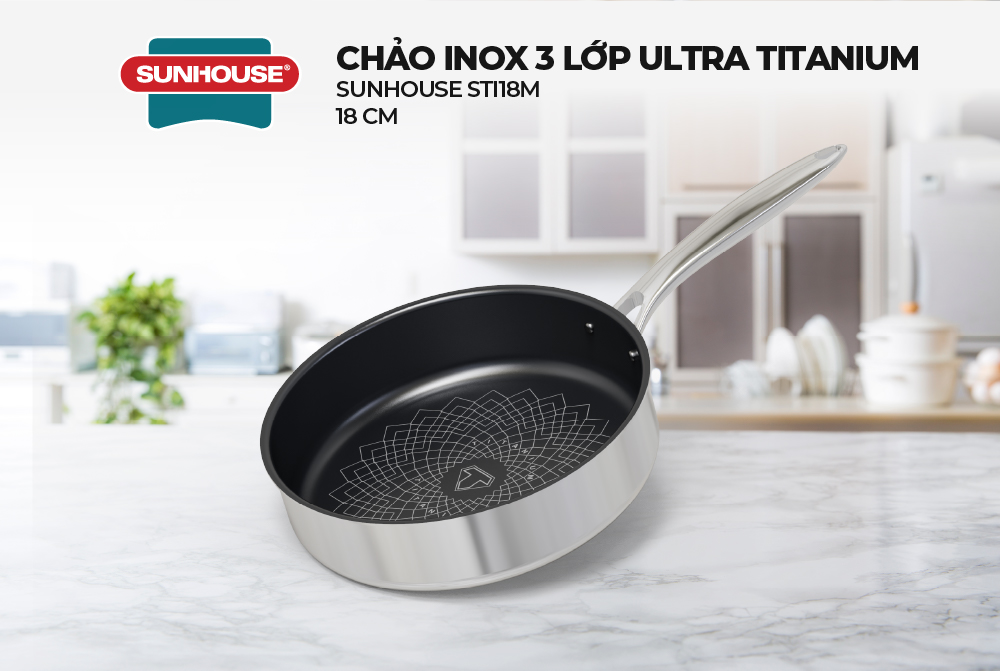 Chảo Inox 3 lớp Ultra Titanium Sunhouse STIM - Dùng cho mọi loại bếp - Hàng chính hãng