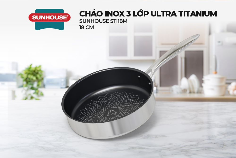 Chảo Inox 3 lớp Ultra Titanium Sunhouse STIM - Dùng cho mọi loại bếp  - Hàng chính hãng