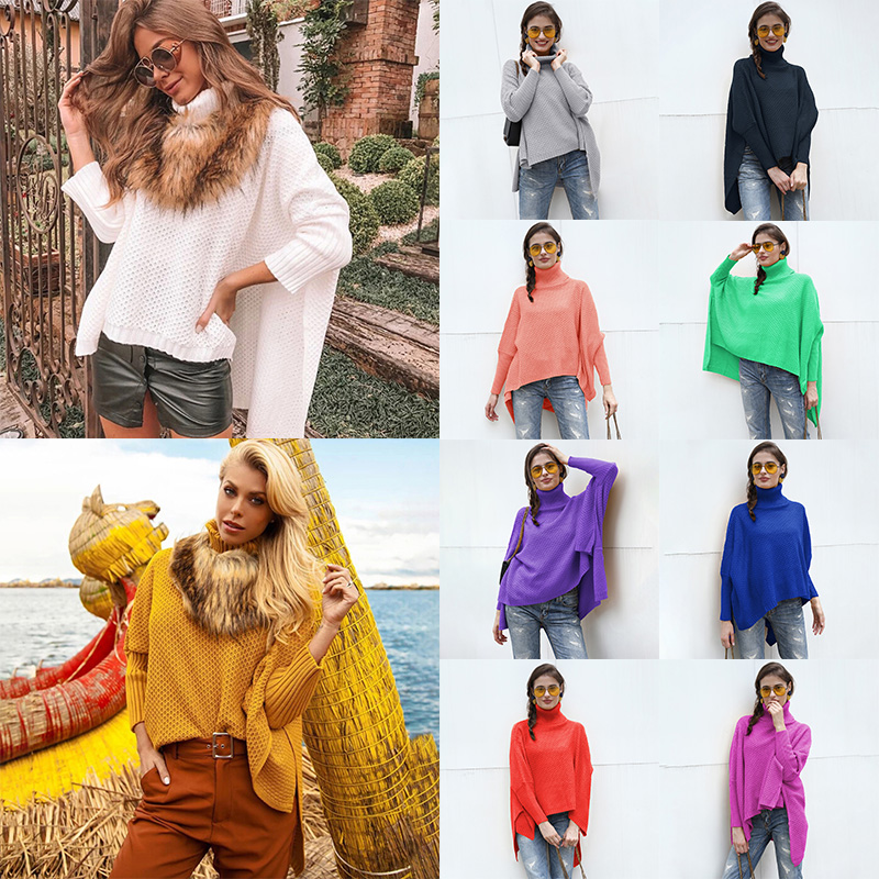 Fashion Women Knitted Sweater Turtleneck Long Sleeve Split Irregular Solid Loose Jumper Pullover Knitwear