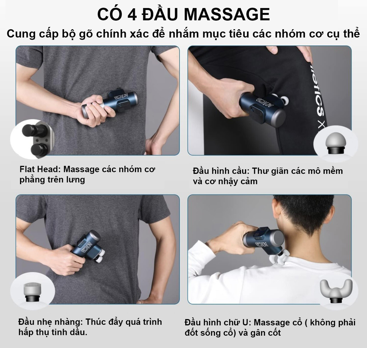 MUA 1 ĐƯỢC 5 - Máy massa cầm tay KICA 3 Thiết kế thân máy kim loại nguyên khối chắc chắn, động cơ không chổi than chống ồn tốt, sử dụng HAI đầu massa kép cùng với 3 đôi massa silicon mềm vói tốc độ rung 2600v/p lực tác động 13kg, tuổi thọ pin sử dụng 20H