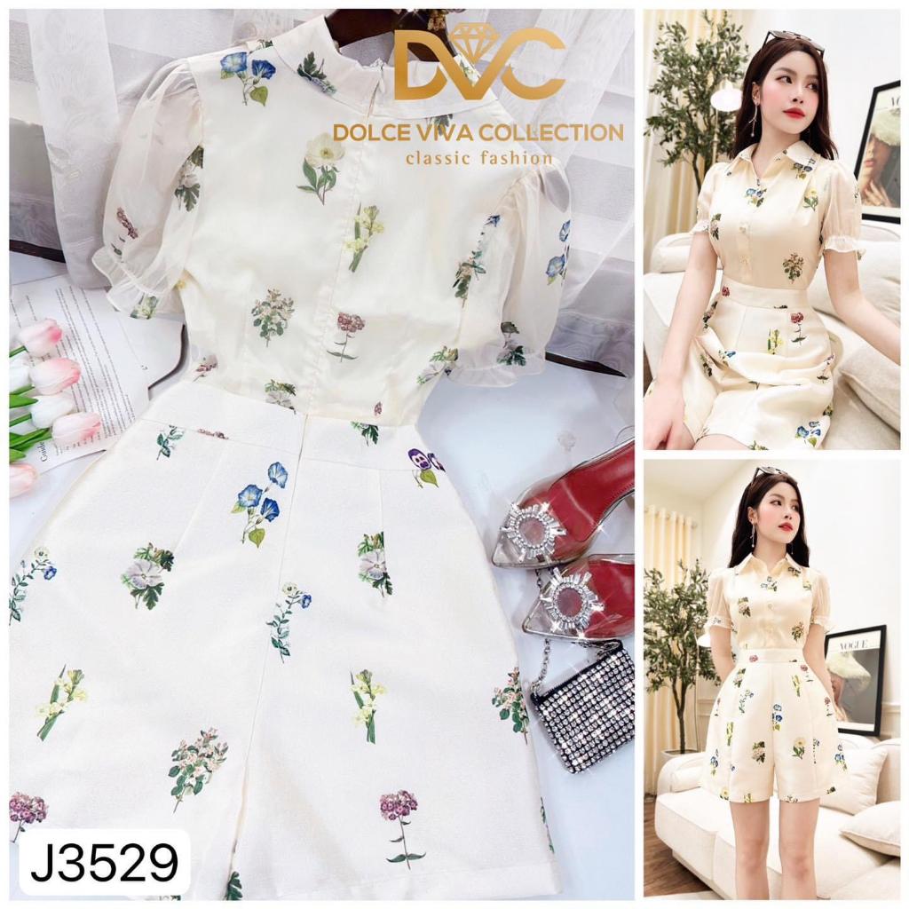 J3529 Jum hoa nhí sơ mi voan tơ jum quần ngắn tafta hoa nhí ống đứng sang chảnh