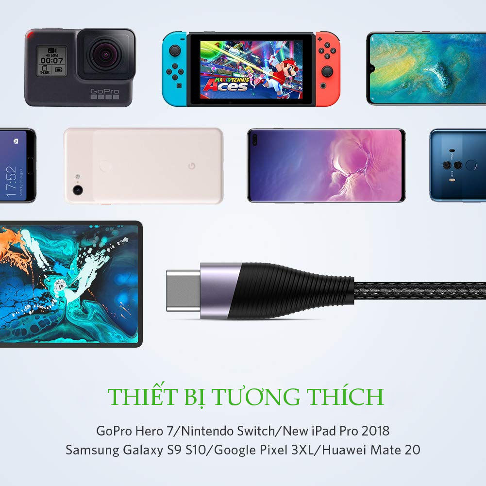 Dây cáp sạc và truyền dữ liệu, dài 0.5-2m UGREEN ED022 cổng USB type C, hỗ trợ sạc nhanh dòng 3A, vỏ bện nylon - Hàng nhập khẩu chính hãng