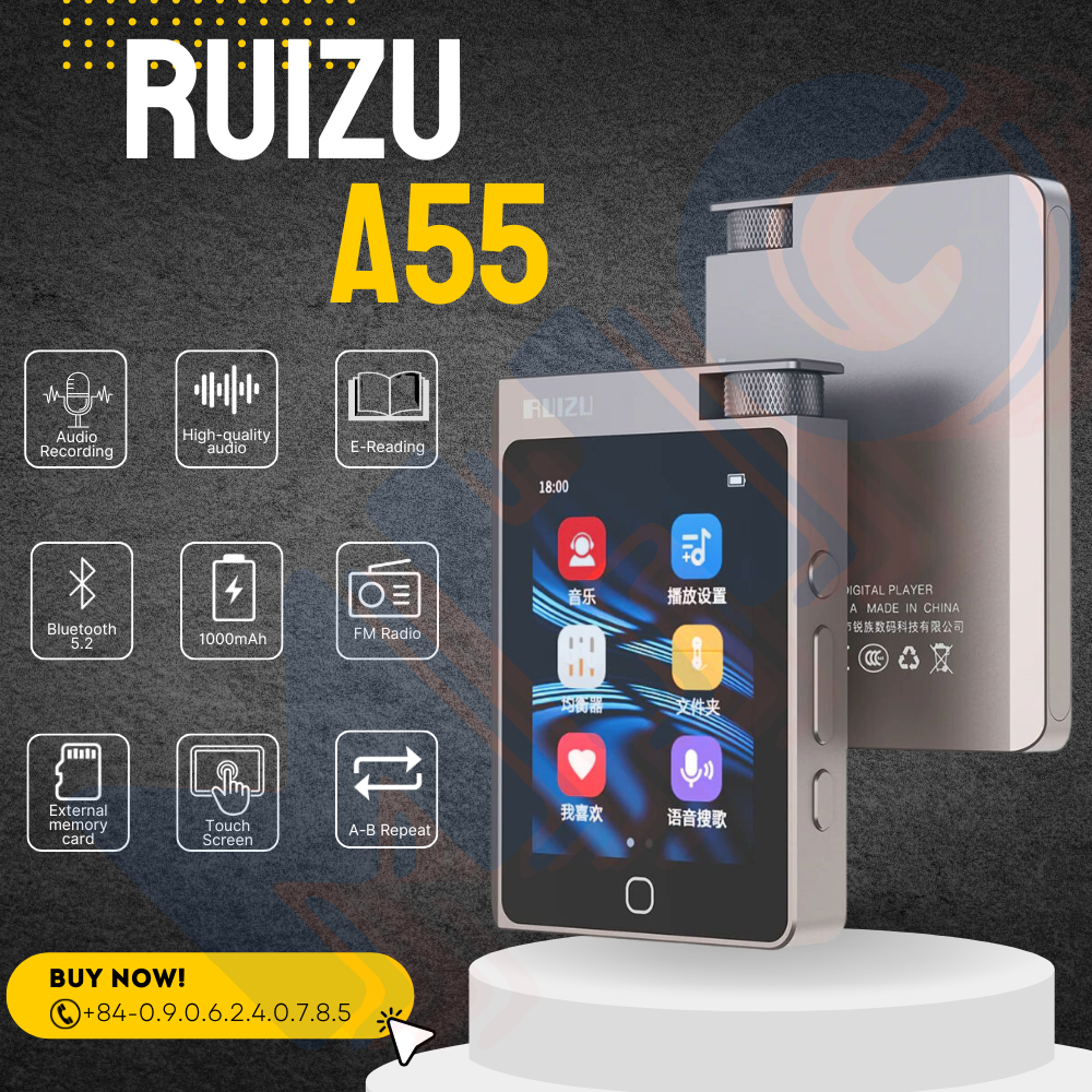 Ruizu A55 - Máy nghe nhạc Hi-Fi cao cấp: Màn Hình Cảm Ứng 2.8inch, Bluetooth 5.2, Chip DSD256, Hỗ Trợ Đa Định Dạng MP3 WMA WAV APE FLAC ACC OGG AIFF DSD, Bộ Nhớ 16Gb, Hỗ Trợ Thẻ Nhớ 128Gb, Tinh Chỉnh EQ, Đọc Sách Điện Tử, Pin 1000mAh - Hàng nhập khẩu