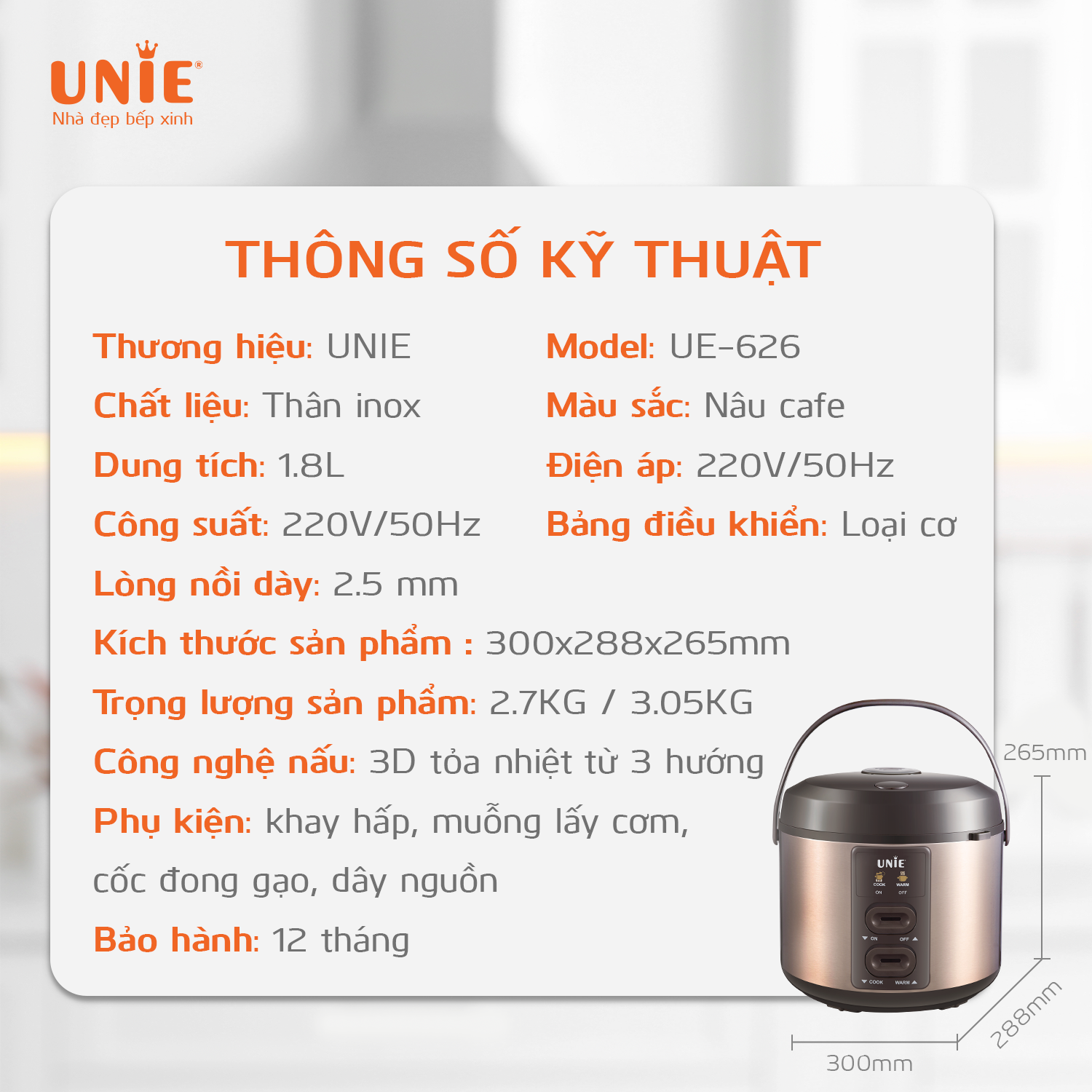 Nồi Cơm Điện UNIE UE-626 Công Nghệ Đức Đế Nồi 60 Độ Giúp Nấu Cơm Nhanh Và Ngon Hơn Công Suất 700W Dung Tích 1.8L Đủ Cho 6 Người - Hàng Chính Hãng