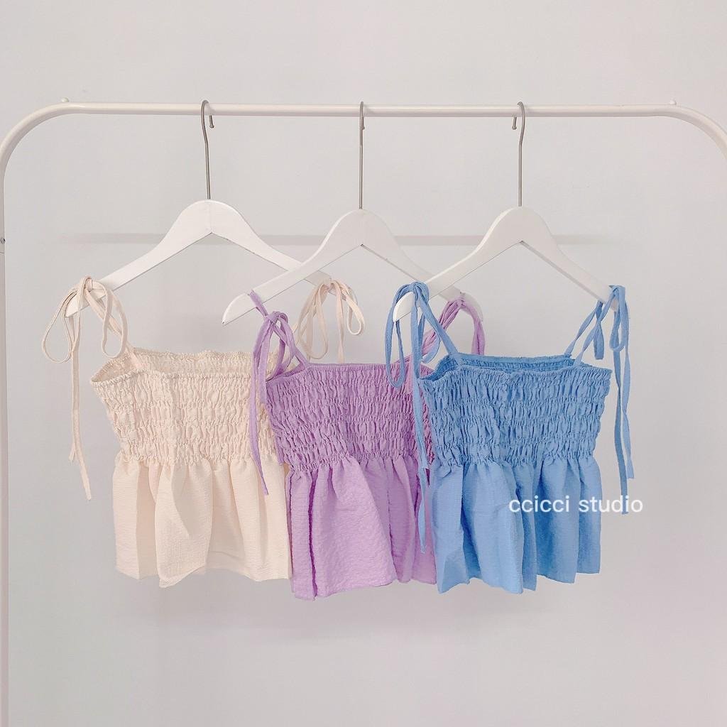Áo Hai Dây Croptop Bo Nhún Dáng Xoè Mùa Hè