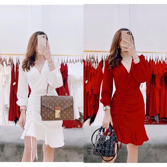Đầm váy đi tiệc tay dài rút dây 2 màu