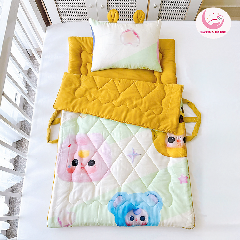 Combo Chăn Gối Nệm 5in1 cho bé đi học Katina House, vải Tencel 60s mướt mịn mát lạnh, dày dặn êm ái
