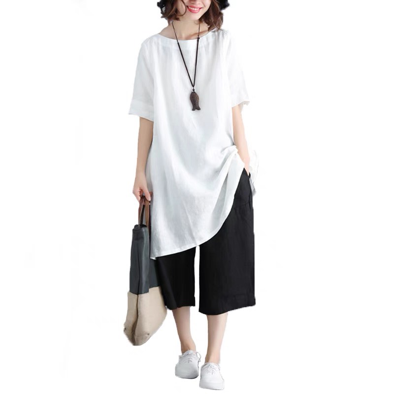 Đầm suông cổ tròn tay lỡ basic Linen bột Premium 3 màu lựa chọn (Cam, tím huế, Trắng)