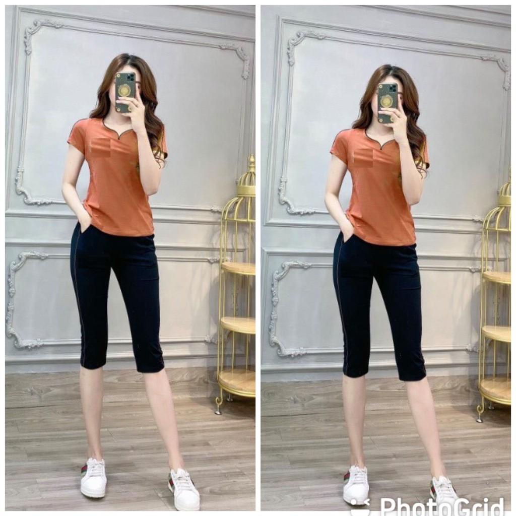 Set đồ bộ quần lửng phối áo màu thêu logo, chất liệu thun cotton loại 1 cực xinh size 45-65kg