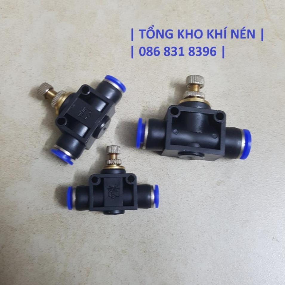 Van tiết lưu điều chỉnh khí nén, 2 đầu ống 4; 6; 8; 10; 12mm. Van tiết lưu núm sắt.