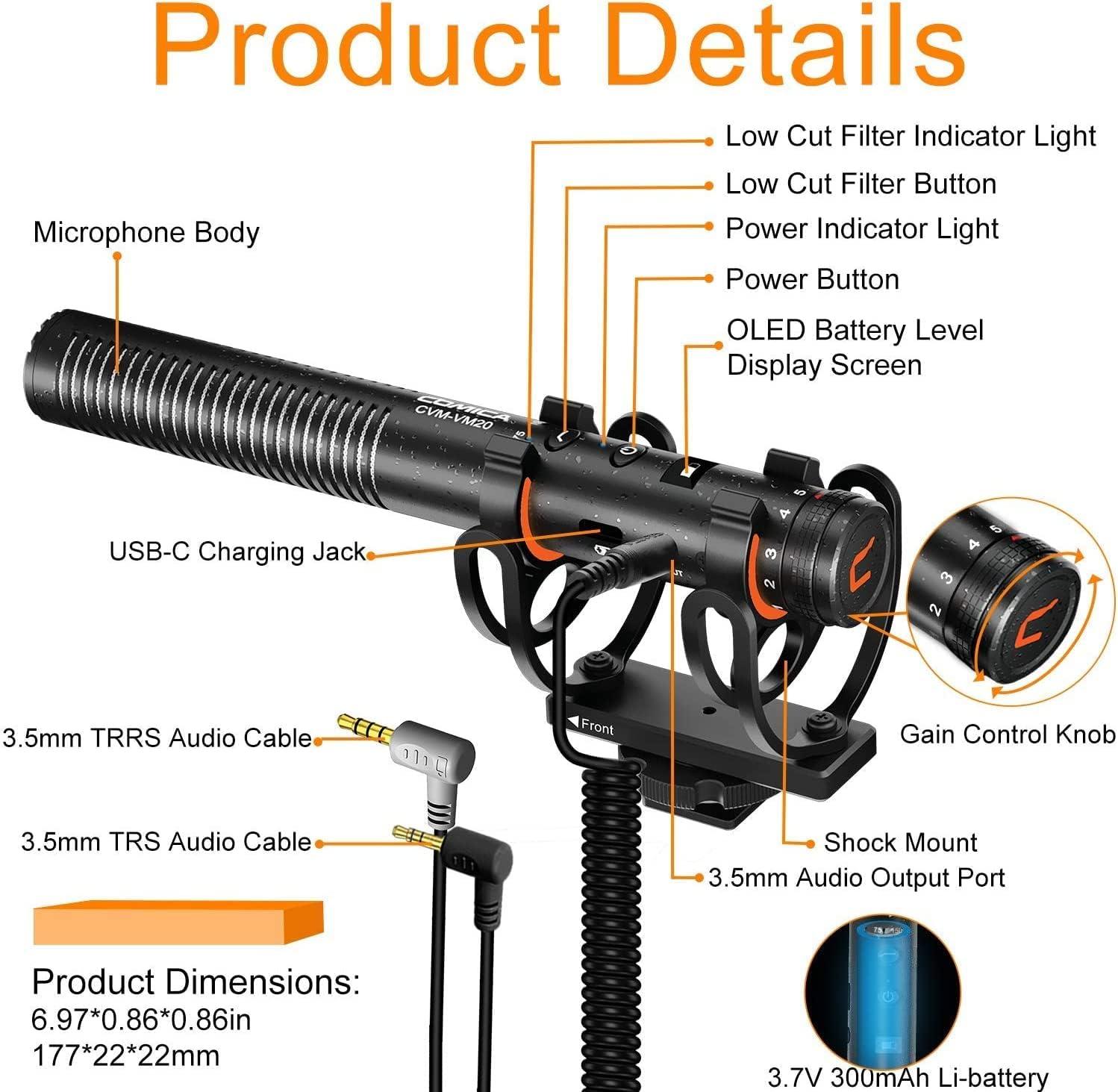 ROGTZ Micro Comica CVM-VM20 Mic Shotgun định hướng cho điện thoại, máy ảnh, máy tính laptop, làm vlog, phỏng vấn, ASMR mukbang - Hàng Nhập Khẩu