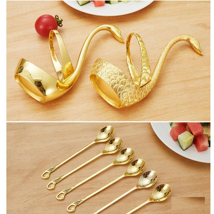 Bộ 6 muỗng và lọ để muỗng thiên nga cao cấp