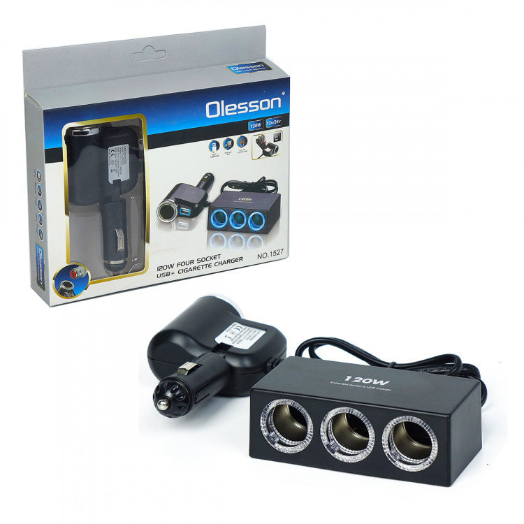 Bộ Chia Tẩu Sạc Dành Cho Xe Ô Tô 3 Cổng Tẩu & USB Model 1527 IN-CAR OLESSON