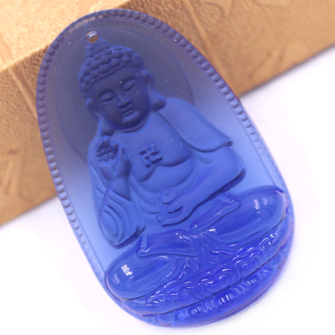 Mặt Phật A di đà 5 cm  thuỷ tinh xanh dương kèm móc và dây chuyền inox, Mặt Phật bản mệnh