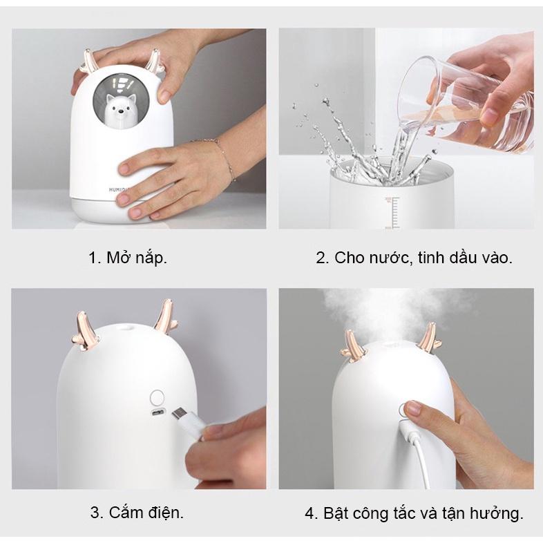 Máy xông tinh dầu, tạo độ ẩm sạc usb hình gấu tích hợp chức năng đèn LED