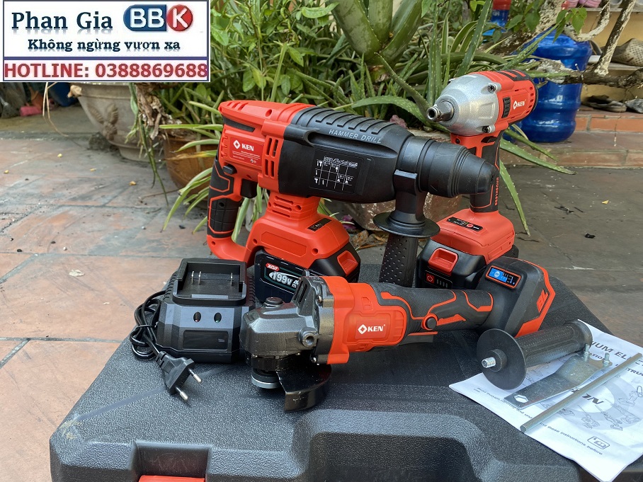 Bộ Combo 3 Trong 1 Gồm Máy Siết Bulong, Máy Mài Cầm Tay Và Máy Khoan Đục Bê Tông Dùng Pin 199V, 2 Pin 15 Cell