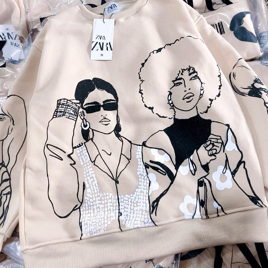 Áo Nỉ Nữ In Hình Cô Gái Tay Dài Form Rộng Ulzzang Thu Đông