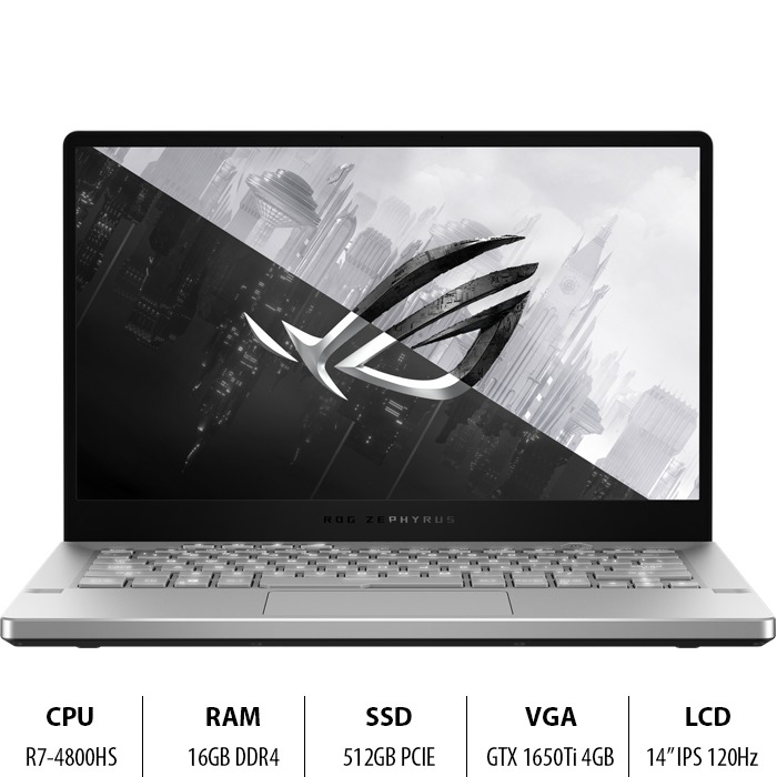 Laptop Asus ROG Zephyrus G14 GA401II-HE152T (AMD R7-4800HS/ 16GB DDR4 3200MHz/ 512GB SSD PCIE G3X4/ GTX 1650Ti 4GB GDDR6/ 14 FHD IPS, 120Hz/ Win10) - Hàng Chính Hãng