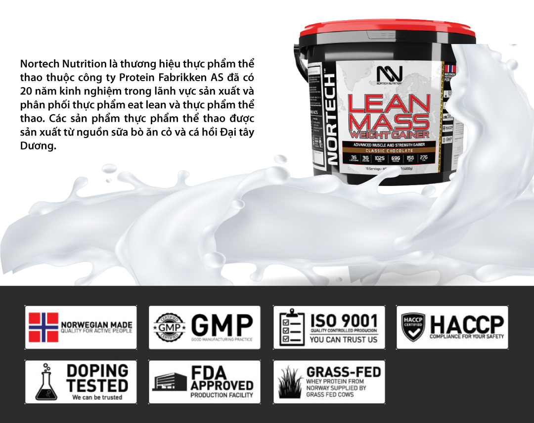 NorTech Lean Mass Gainer, Sữa Tăng Cân, Tăng Cơ Nạc Hiệu Quả, Bổ Sung 69G Protein, 27G EAA, 15G BCAA, 3G Creatine, 3G L-Glutamine, Thùng 7KG, 27 Lần Dùng