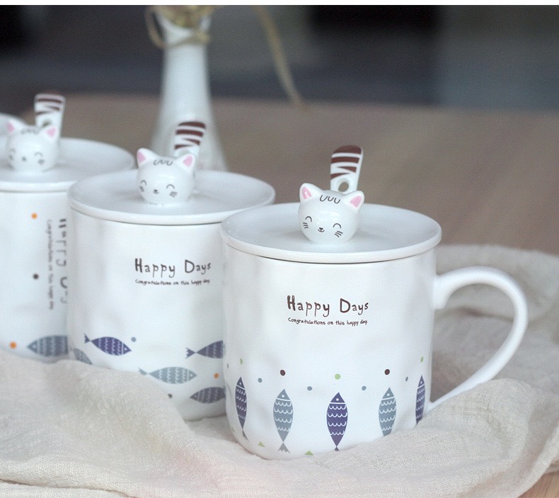 Ly sứ cao cấp kèm nắp sứ và muỗng sứ nắp hình mèo siêu Cute