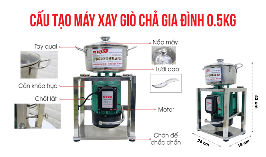 Máy Xay Thịt Làm Giò Chả Ruốc, Xay Cua, Xay Cá Gia Đình NEWSUN 0.5 Kg/ Mẻ, Inox Cao Cấp, Công Suất 750W, Chân vuông