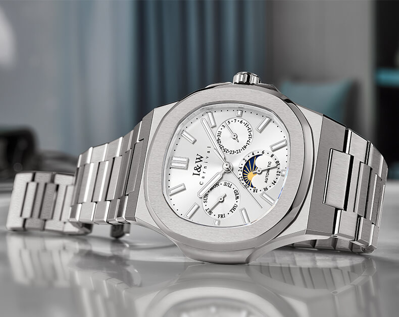 Đồng hồ nam chính hãng I&W CARNIVAL 55886G-5 mặt trắng size mặt 42mm,kính sapphire ,chống nước 50m,dây thép không gỉ