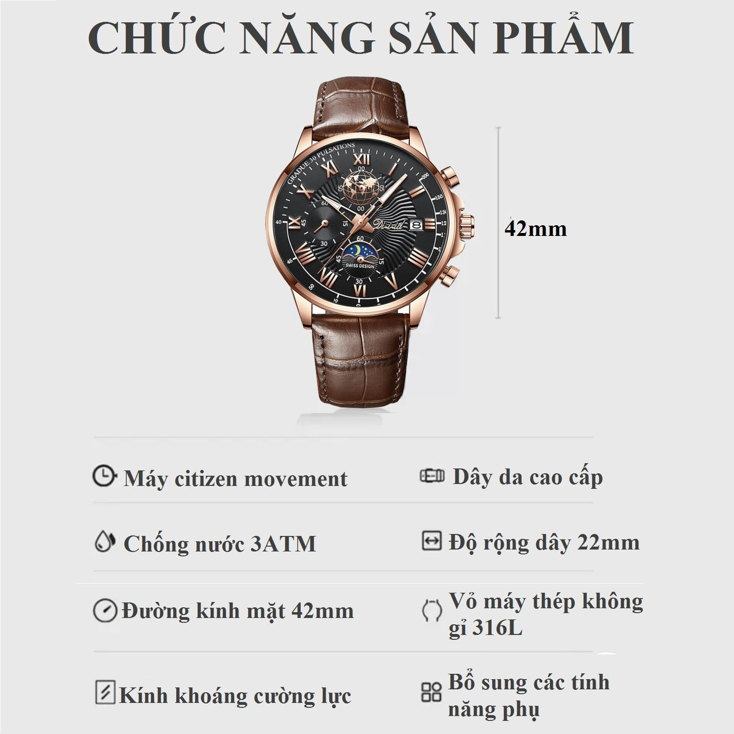 Đồng hồ nam chính hãng DIZIZID dây da cao cấp - Chống nước tốt - Chạy full 6 kim và lịch ngày - Kim dạ quang - Tặng kèm pin dự phòng DZDD68