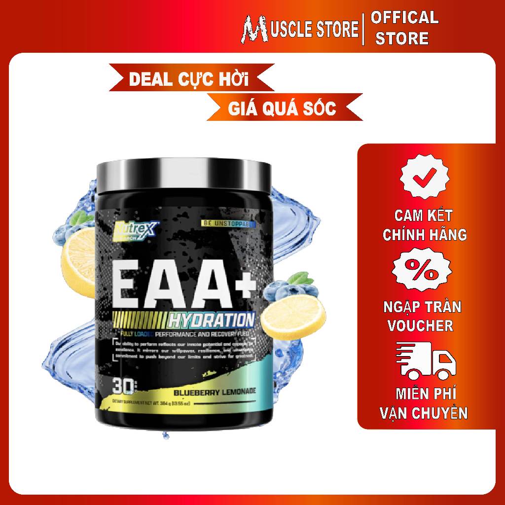 EAA+ Hydration - Nutrex (30Liều), Phục Hồi, Tăng Cơ, Sức Mạnh, Sức Bền, 8G EAA + BCAA + 1.5G Chất Điện Giải