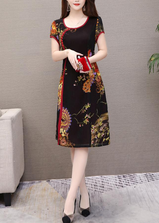 Đầm Suông Chữ A Cổ Tàu Xéo Phối Viền Màu Kiểu Đầm Trung Niên Dự Tiệc Size Lớn