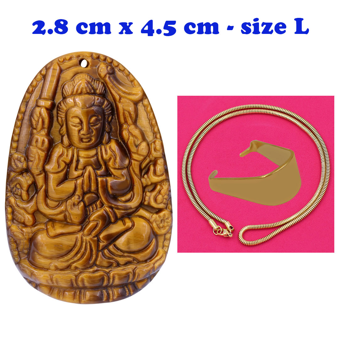 Mặt Phật Thiên thủ thiên nhãn đá mắt hổ 4.5 cm kèm dây chuyền inox rắn vàng - mặt dây chuyền size lớn - size L, Mặt Phật bản mệnh, Quan âm bồ tát