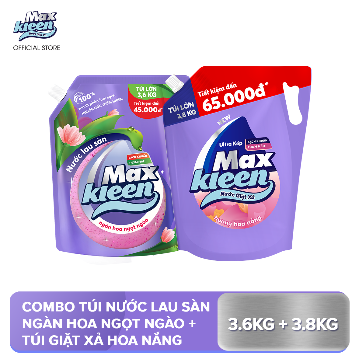 Combo Túi Nước Lau Sàn 3.6kg Ngàn hoa ngọt ngào + Túi Nước Giặt Xả MaxKleen 3.8kg Hoa Nắng