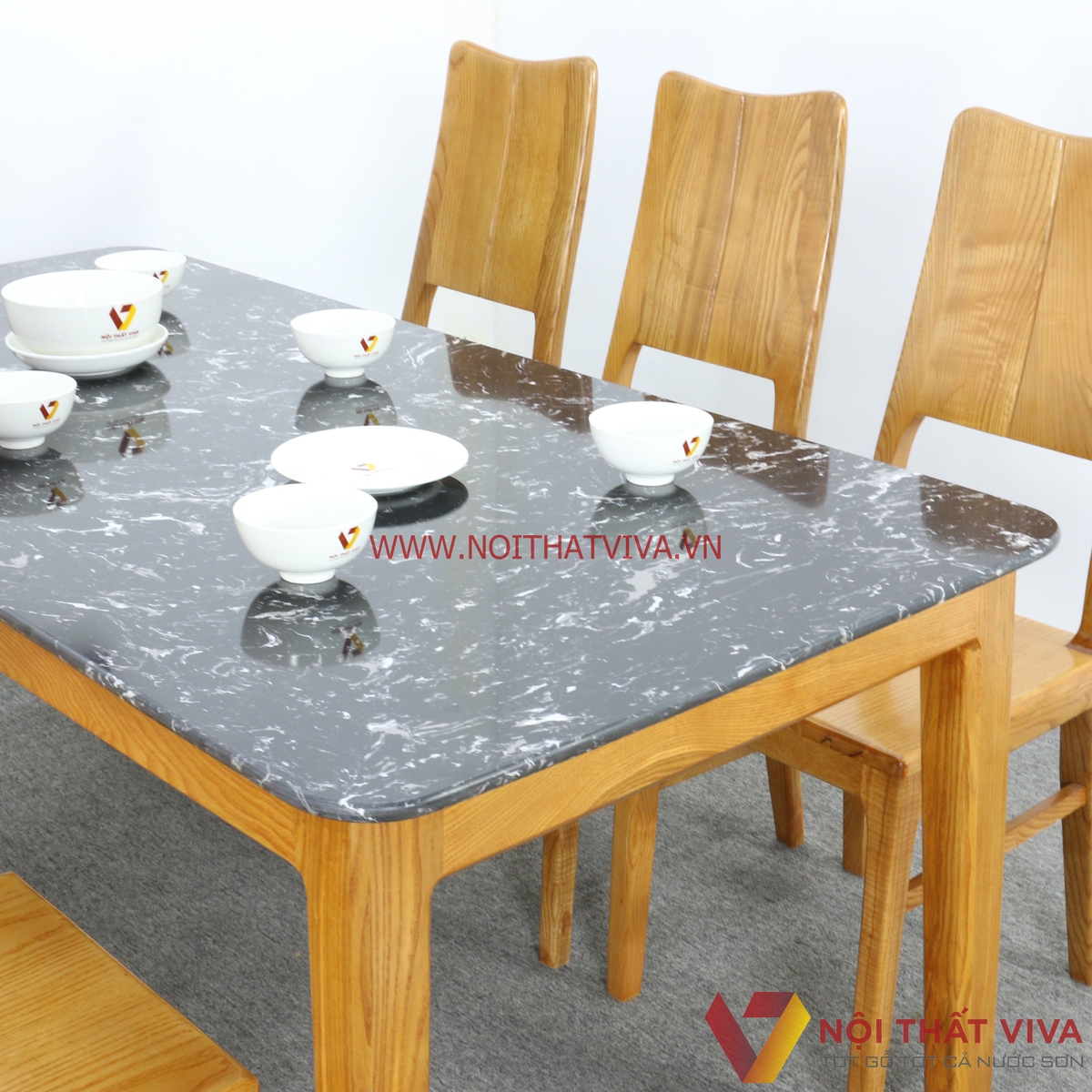 Bộ Bàn Ăn 6 Ghế Gỗ Sồi Nga Màu Vàng Mặt Đá Đen Tràn Gọn Đẹp Giá Rẻ