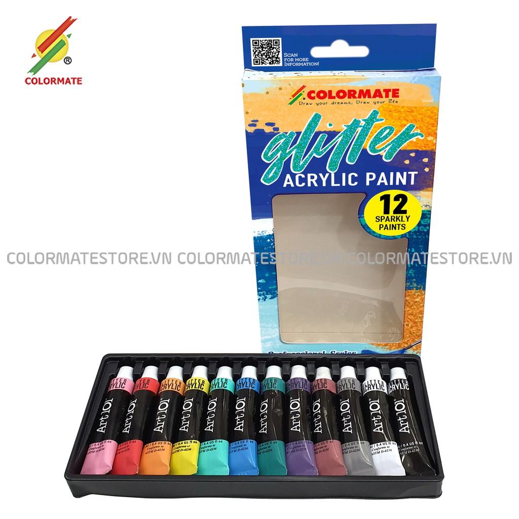 Màu vẽ Colormate Glitter Acrylic bộ 12 tuýp màu - COLORMATE