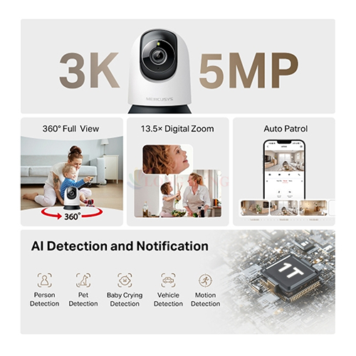 Camera trong nhà Mercusys dành cho AI Pan/Tilt Home Security Wifi Full 5MP 3K MC230 - Hàng chính hãng